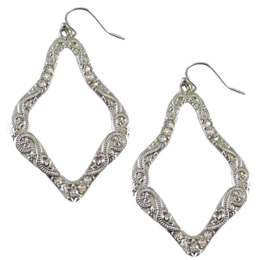 Earrings Silver Crystal Dangle Metal Art Filigree 2.5"L